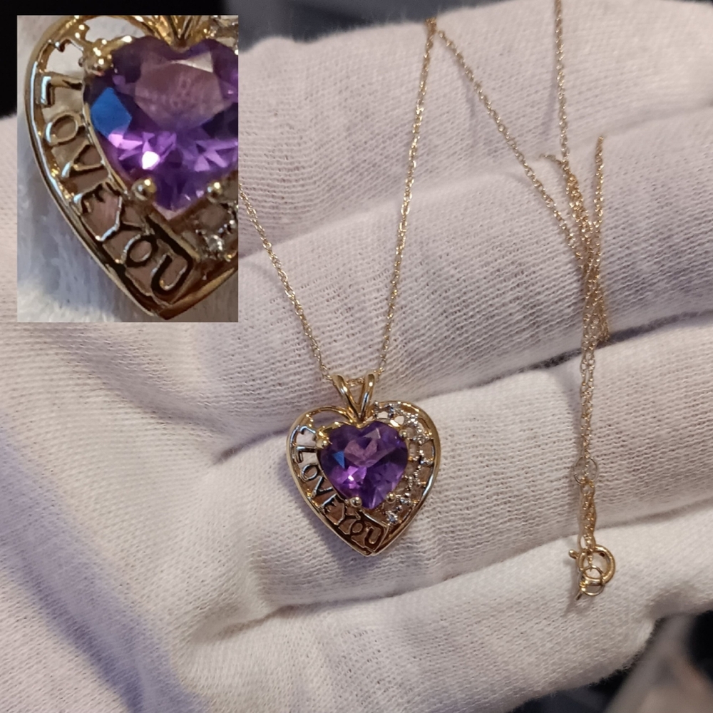 10K Gold Necklace "I Love You" Amethyst Heart Diamonds pendant chain solid 10kt